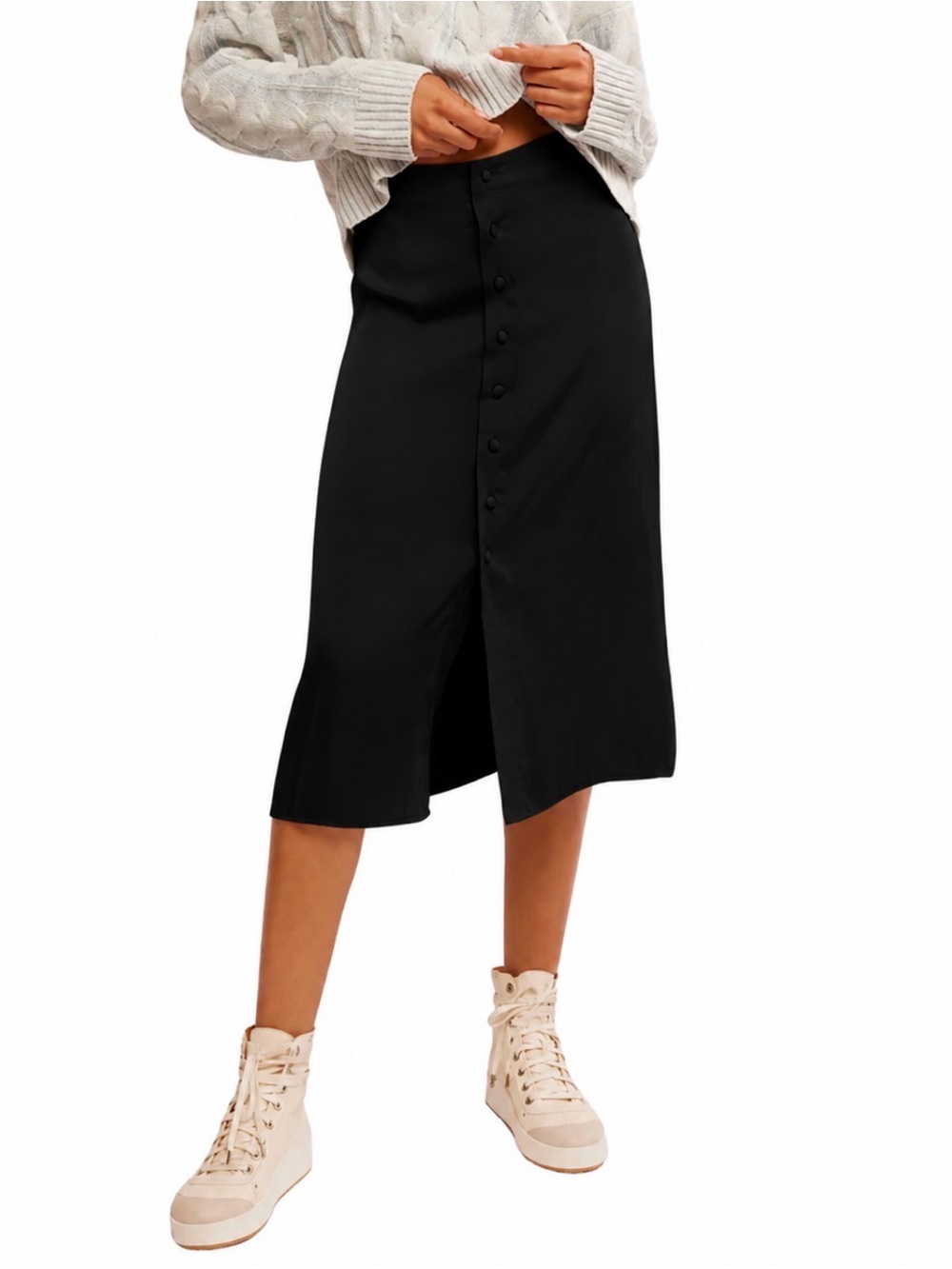 Free People Analise Black Button Front Midi Skirt Size 8 NWT $78